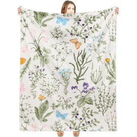 Buryeah Spring Throw Blanket Wildflowers Butterfly Blanket Green Wild Flower Plant Blankets 60 x 50 Inches Vintage Herbs Blanket Colorful Wild Flowers Printed Flannel Blanket for Bed Sofa Chair