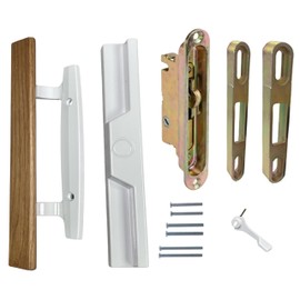 Sliding Patio Glass Door 9" Handle Set with Oak Wood Interior Handle + Exterior Pull in Diecast Finish Fits 3-15/16” Screw Hole Spacing, Non-keyed with Mortise Lock with Trimplate + Keepers - WHITE