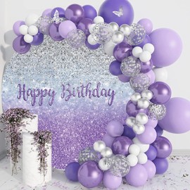 Renaiss Purples Happy Birthday Round Backdrop Cover 7.2 ft Polyester Fabric Shiny Purples and Silver Sequins Circle Photo Background for Gorgeous Happy Birthday Party Decorations