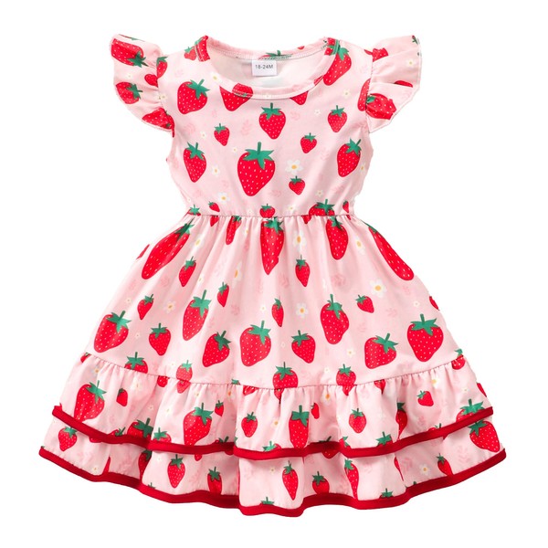 GOTHLETIC Toddler Pink Strawberry Dresses Girls Summer Flutter Sleeve Shirred