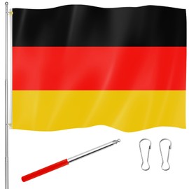 Panelee 150 x 90 cm Germany Flag with Telescopic Flagpole Rope for Hanging and 2 Buckles Germany Flag with Red Stainless Steel Flag Pole for Indoor Outdoor Garden Balcony Decoration Accessories