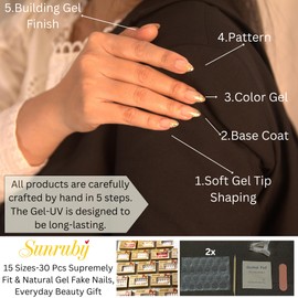 Sunruby Short Almond Press On False Nails Nude Pink Jelly, French Tips with Hidden Gold Glitter. Soft Gel 30 pcs in 15 sizes for a natural look. Perfect for a night out.Long-Lasting Nail Art. Hi-End