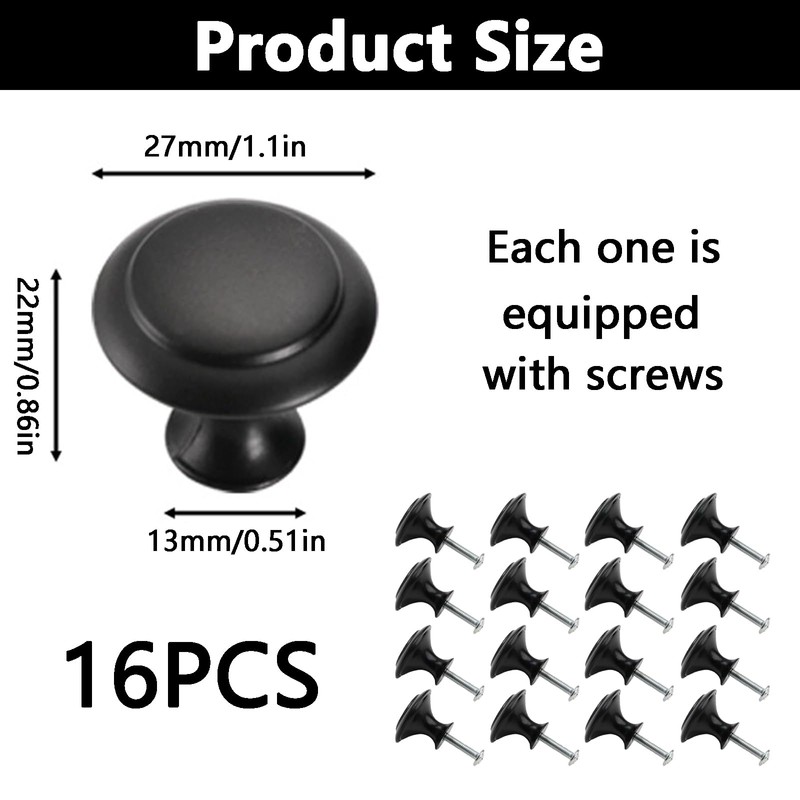 16 Pack Black Door Knobs, Drawer Knobs, Cupboard Door Knobs