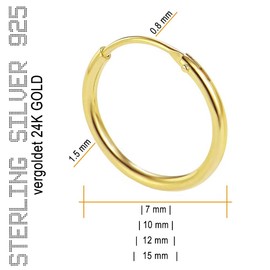 Willys Jewellery Single Unisex Creole Earrings 925 Sterling Silver 18K Gold Plated with Closed Ring or Ear Piercing, Sterling Silver