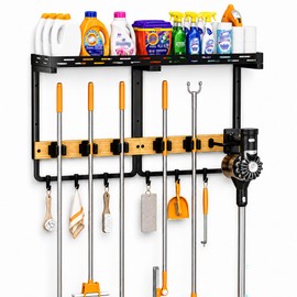 Tigerski Large Broom Mop Holder Wall Mounted with Top Shelf,3-in-1 Cleaning Supplies Organizer, Laundry Room Storage Rack with 5 Clamps and 6 Removable Hooks for Home Garage, Utility Room and Kitchen