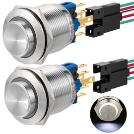 UL Certified 2PCS 22mm Push Button Switch Latching High Round Waterproof IP67 On Off Stainless Steel with 110V 120V AC LED for 7/8" with Wire (Latching,110V, White)