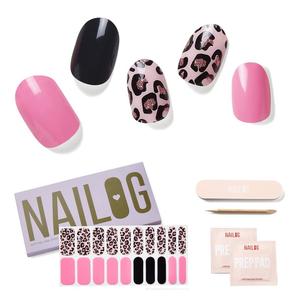 NAILOG Semi-Cured Gel Nail Strips, 20 Strips, Long Lasting, Salon-Quality, Extra Long, Nail Stickers, Nail Kit, Sparkly, Lamé, Pink Lack Leopard Pattern, Beautiful Sheen, Spring and Summer｜Pink Leopard