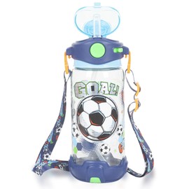 PinkSheep Kids Water Bottle with Straw/Lanyard, 650ml Child Drinking Water Bottle, BPA Free Leak-Proof Locking Flip Lid for Kids Girls Boys School Sport Travel (Football)