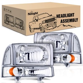 Nilight 1999 2000 2001 2002 2003 2004 F250 F350 F450 F550 Super Duty Headlight Assembly,Chrome Housing Amber Corner Clear Lens,Headlights Replacement,Driver and Passenger Side