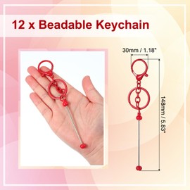 PATIKIL 12 Pcs Beadable Keychains Bars, Metal Beaded Keychain Blanks Bulk Making Supplies Kit with Lobster Hook for Pendant DIY Art Crafts, Red