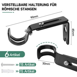 Pack of 6 Curtain Rod Brackets Metal Adjustable Curtain Rod Holder for Wall Mounting, Black Curtain Rod Brackets with Screws, for Curtain Rods 25 mm for Living Room and Office