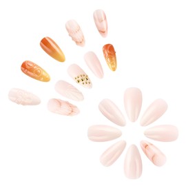 LBPEPAMZ Colorful Press on Nails Medium Almond Fake Nails with 3D Shell Gold Bead Designs Stereo Flower Yellow Gradient French Tips Stick on Nails Full Cover Glossy Acrylic False Nails for Women 24Pcs