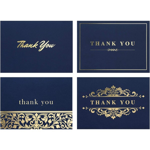 100 Thank You Cards Bulk, Thank You Notes, Bold Navy Blue Gold Professional Blank Note Cards with Envelopes, Small Business, Wedding, Gift Cards, Christmas, Graduation, Baby Shower, Funeral, 4x6 Photo Size