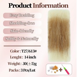 XIIMENALU Afro Kinky Curly Braiding Bulk Hair For Mini Twists Afro Kinkys Bulk Synthetic Cuban Twist Hair Soft Locs Micro Spring Twist For Dreadlocks Loc Repair (T27/613, 14 Inch (Pack of 3))