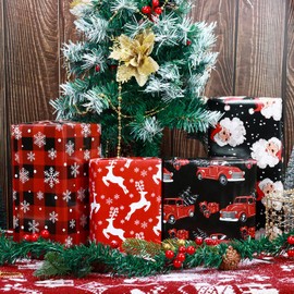 Dtiafu 8 Pcs Christmas Wrapping Paper Red Black Holiday Style Gift Wrap Paper Bulk Vintage Santa Reindeer Christmas Truck and Snowflake for Xmas Birthday, 20 X 28 Inches, Folded Flat