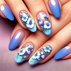 Press on Nails Almond Medium Fake Nails Blue Ombre False Nails with Flower Designs Full Cover Stick on Nails Glue on Nails Acrylic Nails for Women 24 Pcs