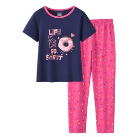 CYCHELRY Big Girls Pajamas Lovely 2PCS Soft Navy Blue Donut Short Sleeve with Pants Sleepwear Teens PJS Clothes Size 16
