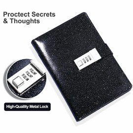 CAGIE Journal with Lock for Women Refillable Lock diary with 224 Pages Glitter Black Diary with Lock for Girls, Adults, 5.3 x 7.9 inches