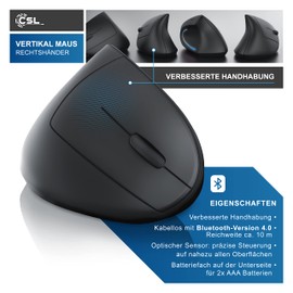 CSL - Wireless Vertical Mouse Bluetooth - Wireless Vertical Mouse Ergonomic Design - Prevention of Mouse Arm - Especially Gentle on the Arm - for PC Laptop Notebook