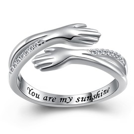 Hug Ring, S925 Sterling Silver Hugging Hands CZ Open Ring Engraved You are my sunshine Embrace Statement Promise Anniversary Ring