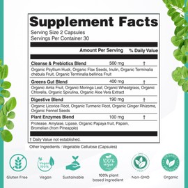 Super Greens Total Gut Health, Digestion & Colon Cleanse Supplement - All in One Organic superfoods, Turmeric, Papaya, Chlorophyll, Moringa, Psyllium Husk, Triphala, Digestive Enzymes – 60 Capsules