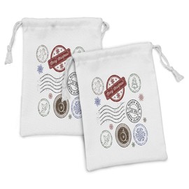 Lunarable Christmas Fabric Pouch Set of 2, Xmas Stamps with Snowflakes Mistletoe Gingerbread Man North Pole, Small Drawstring Bag for Toiletries Masks and Favors, 9" x 6", Chocolate White