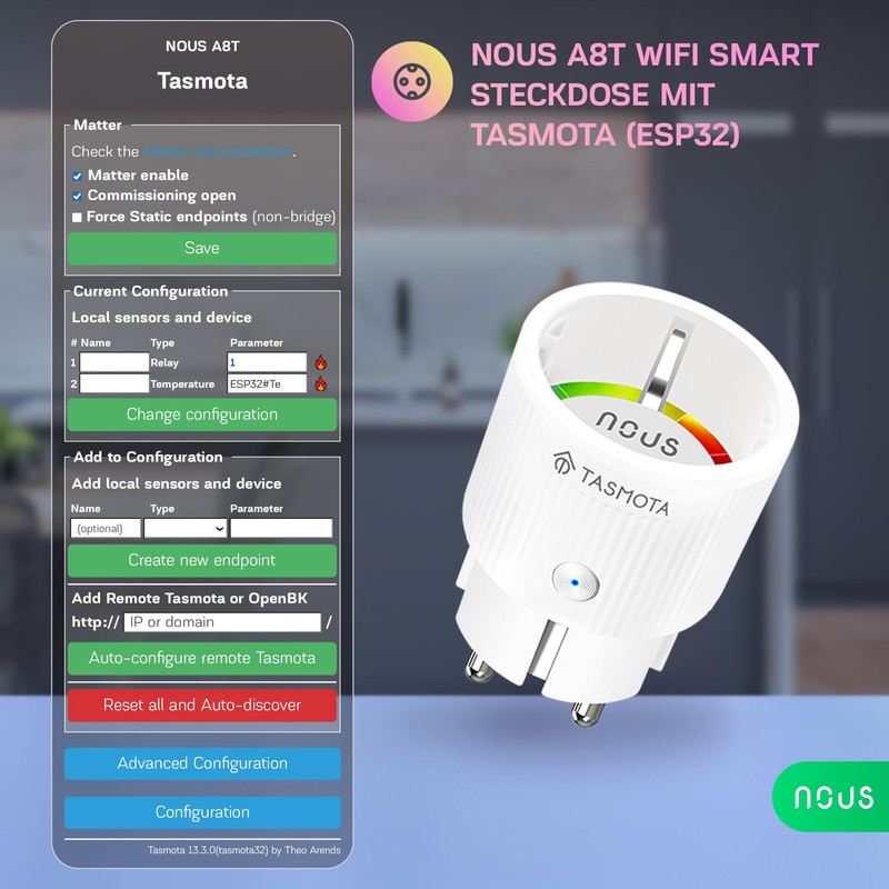 Tasmota Socket NOUS A8T, Smallest WiFi ESP32 Smart Plug, 10A