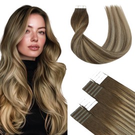 SURNEL Tape in Hair Extension #4/27/4 Chocolate Brown to Caramel Blonde Tape in Extensions Human Hair 20 inch 20pcs 50g(#4/27/4-20)