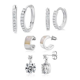 MDFUN Hoops Huggie Stud Earrings Set 14K White Gold Plated Cubic Zirconia Earring for Women Pack of 2/5 Pairs (Hoop&Shell Studs)