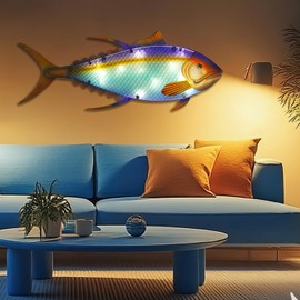 LIFFY Metal Fish Wall Hanging,36" Large Tuna Wall Decor with Led Lights,Indoor Outdoor Mounted Nautical Hanging Decorations for Garden Patio Home,Gift for Coastal Decor & Ocean Lover