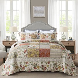 NEWLAKE Cotton Patchwork Bedspread, 3-Piece Bedding Quilt Set with Real Stitched Embroidery, Reversible Matelasse Bed Coverlet Set,Floral Paisley Grid with Lace,King Size