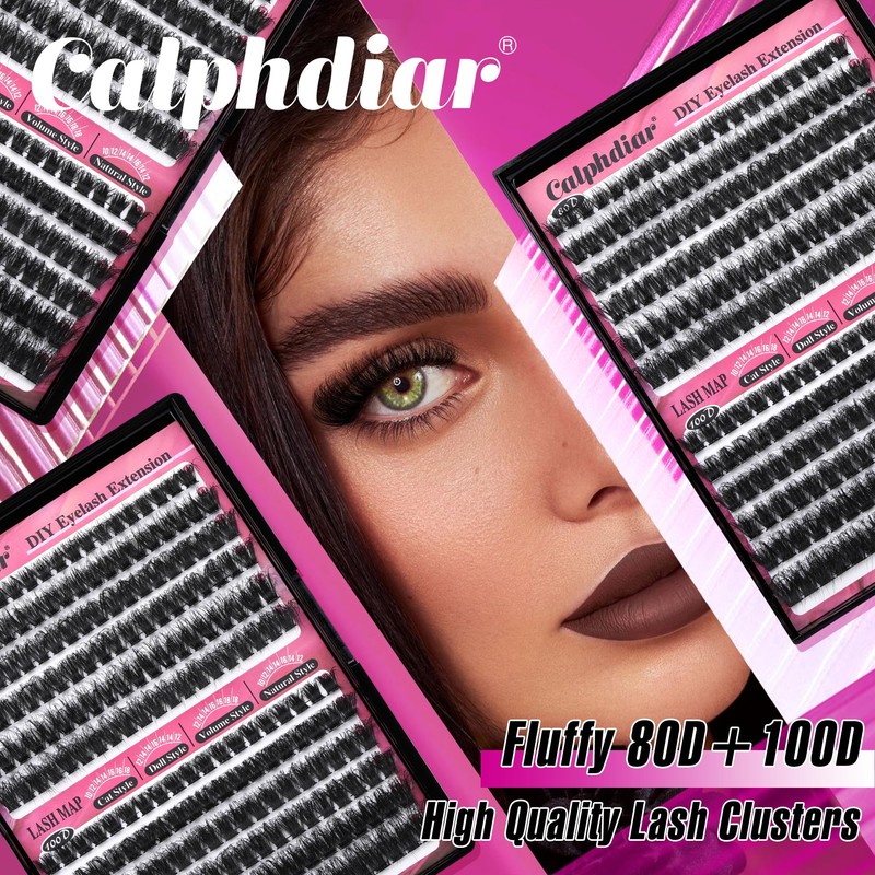 Calphdiar Fluffy Individual Eyelashes 80D+100D Thick Cluster Lashes Wispy Lashes