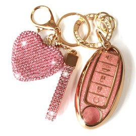YIKECASE Key Fob Cover with Diamond Keychain, Car Key Holder Compatible with Nissan Altima Rogue Sentra Pathfinder Frontier Maxima Titan Murano Kicks Juke Versa Armada GTR 5 Buttons, (Pink-Heart)
