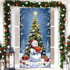 Winter Snowman Christmas Door Cover - Xmas Door Banner for Christmas Door Decorations, 71x35 Inch