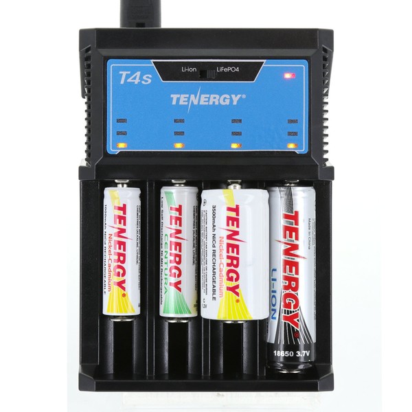 Tenergy T4s Intelligent Universal Charger, 4-Slot Battery Charger for Li-ion, LiFePO4, NiMH and NiCd Rechargeable Batteries,18650, 14500, 26650, AA AAA C Cell Battery Charger with Car Adapter