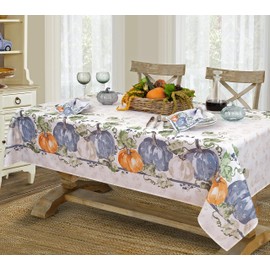 Newbridge Blue Pumpkin Vines Stone Washed Bordered Thanksgiving and Fall Season Fabric Tablecloth, 60 x 102 Inch Rectangle