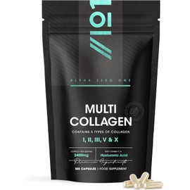 Multi Collagen 2400mg – Types I, II, III, V & X – 180 Capsules – Wild Caught Marine, Grass Fed Bovine, Eggshell & Free-Range Chicken Collagen Powder, with Hyaluronic Acid & Vitamin C – by Alpha01