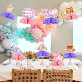 JOYMEMO 8 Pieces Pancakes and Pajamas Honeycomb Centerpieces, Sleepover Party Decorations for Teen Girls, Double Sided Pajamas Theme Table Toppers for Birthday Baby Shower Slumber Party Supplies