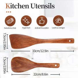 Set of 4 Wooden Spatulas, Kitchen Spatula Set, Wooden Spatula for Cooking, Wooden Spatula, Kitchen with Grain, Long Handle, Non-Stick Wooden Spatula for Wok Pan with Non-Stick Coating