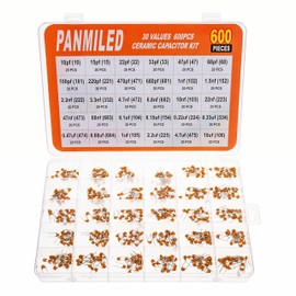 PANMILED 30 Values 600 Pieces Ceramic Capacitor 10PF to 680PF and 1NF to 680NF and 1UF to 10UF Multilayer Monolithic Ceramic Capacitor Assortment kit