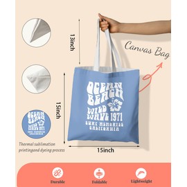 SZERE Blue Beach Preppy Canvas Tote Bag for Women, Preppy Tote Bag, Aesthetic Tote Bag, Summer Tote Bag，Ocean Beach Wild Wave 1971 Surfing memory California, Trendy Gifts for Women Teens Teen Girls