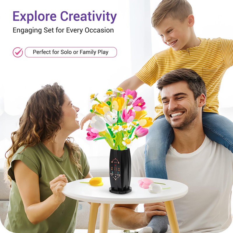 Building Block Flower Bouquet Set, 1250 Pieces, Artificial Tulips and