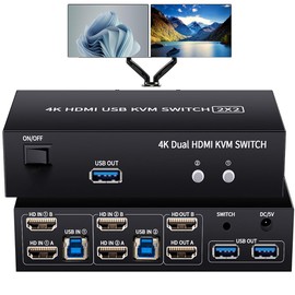 LUKFOCAB 2 HDMI Port KVM Switch Dual Monitor with 3 USB 3.0 Ports, HDMI KVM Switch for 2 Monitors 2 Computers, Support 4K@60Hz Copy Extended Splicing Display, Button Controller & 2 USB Cables Included
