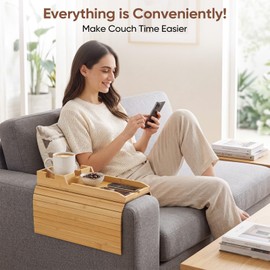Bamboo Couch Arm Tray Table with Built-in Cup Holder, Foldable Anti-Slip Sofa Armrest Table for Drinks, Phone & Remote, Fits 4.7–16.9 in Armrests, Holds Cups up to 3.5 in Diameter (Bamboo)