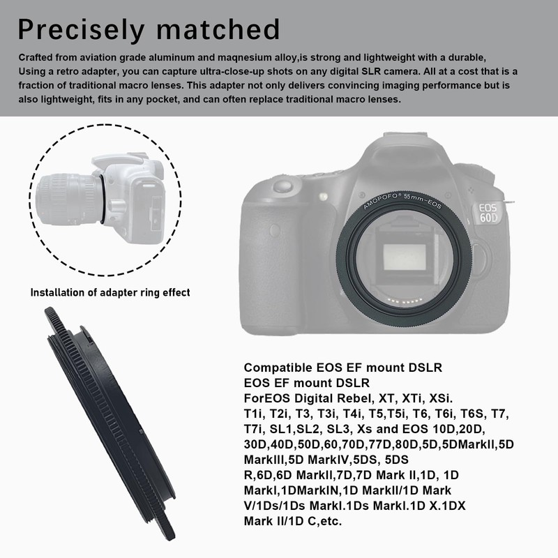 EF-55mm Reverse Adapter for EF-S Cameras 70D,77D,80D,10D,20D,30D,40D, 50D,5D,5D Mark II,5D