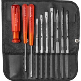PB Swiss Tools Slotted / Phillips / Awl Screwdriver Set PB 215 | 100% Swiss Made | 10-Piece Screwdriver Set with 7 Interchangeable Blades, Includes High-Quality Roll Bag