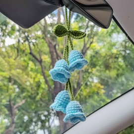 HFZRZFH Unique Handmade Boho Crochet Lily of The Valley Flower Pendant - Car Rearview Mirror Hanging Ornament for Women, Aesthetic Interior Decor (Blue)