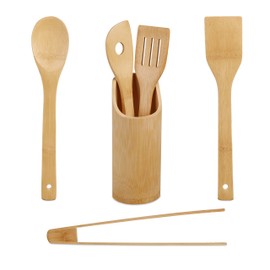 Relaxdays Kitchen Utensils Set of 6 Cooking Spoons, Spatulas, Barbecue Tongs, Kitchen Utensils Container, Bamboo, Natural
