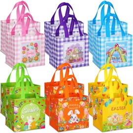 Sanwuta 12 Pcs Easter Non Woven Gift Bags Reusable Bunny Treat Tote Bags Easter Basket Container with Handles for Gifts Wrapping Egg Hunt Game Party Supplies, 8 x 6 x 8 Inch