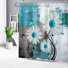 MEUNEAR Farmhouse Turquoise Floral Shower Curtain with Hooks, Teal Daisy Flower and Butterfly Shower Curtain Set Modern Abstract Geometric Grey and White Bathroom Decor Accessories, 72W X 78L inches